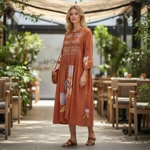 Boho Cottage Cotton Rust Floral Earthy Prairie Artsy Folk Peasant Maxi Dress XXL